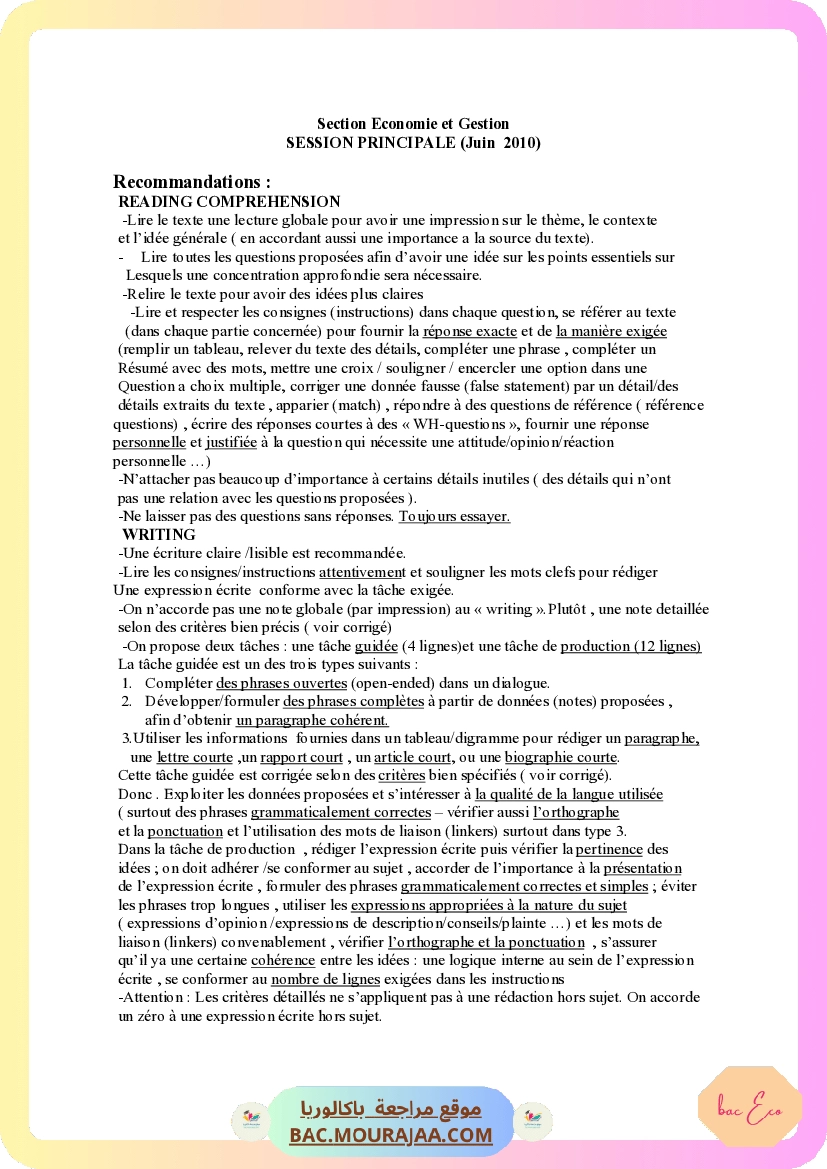 Corrigé principale anglais Bac 2010 – Section eco